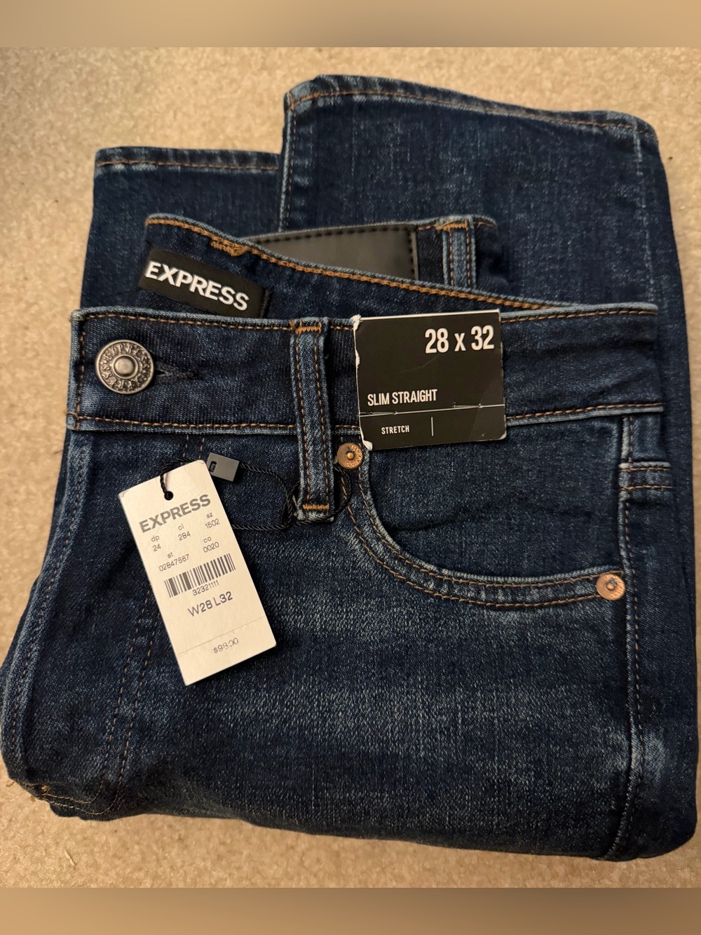 NWT Express Men's Slim Straight stretch jeans, dark wash, Conscious Edit, 28x32